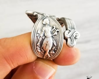 Rare Goddess Spoon Ring, Music Goddess Ring, Silver Fairy Ring, Antique Spoon Ring, Vintage Art Nouveau Ring, Art Nouveau Spoon Ring, 888