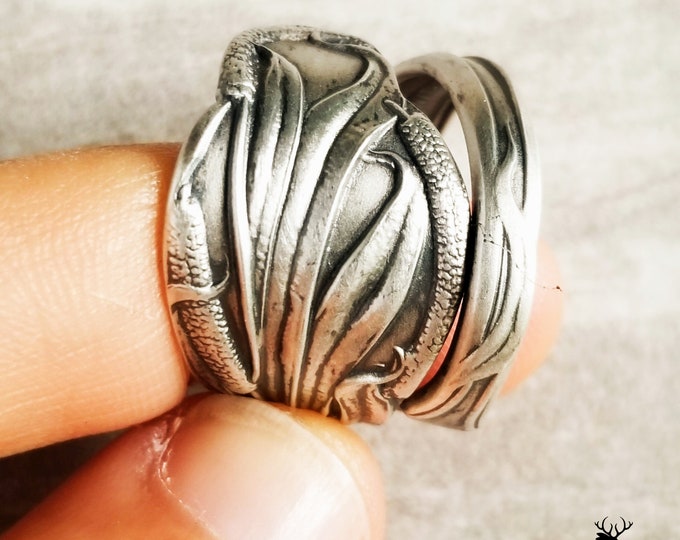 Sterling Cattail Ring, Handmade Cat Tail Ring, Vintage Floral Spoon Ring, Vintage Leaf Jewelry, Art Nouveau Silver Flower Ring, 393