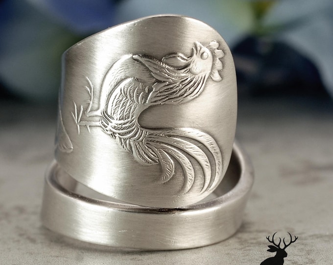 Chickens 830 Silver Spoon Ring, Wide Farmhouse Wrap Ring, Rooster Hen and Chick Jewelry, Whimsical Farm Gift, 2279