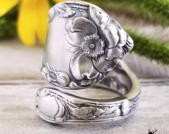 Antique Watson Sterling Silver Rose Ring, Wild Rose Wrap Ring, Sterling Floral Spiral Ring, Vintage Gorham Silversmith Spoon Ring, 697