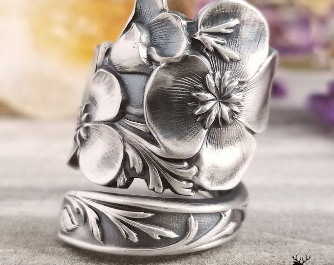 Sterling Poppy Bloom Ring, Wild Poppy Silver Wrap Ring, California Poppy Ring, Vintage Bloom Ring, Antique Sterling Silver Spoon Ring, 395