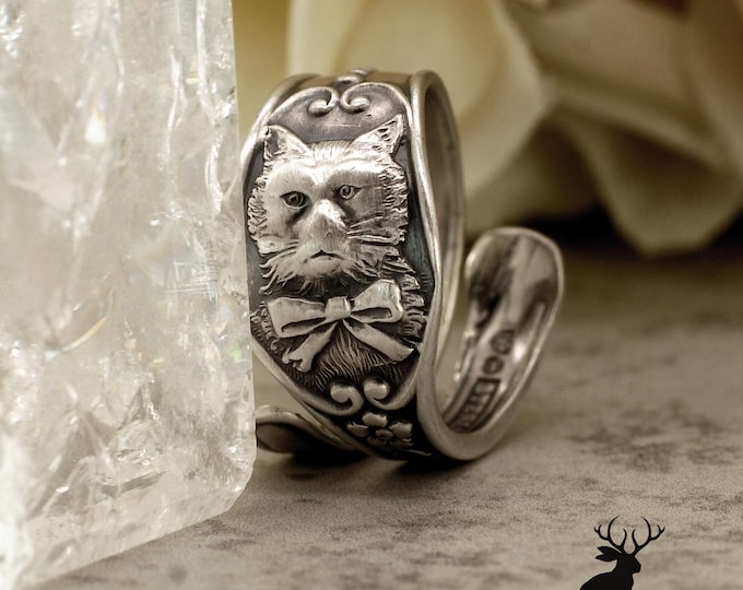Reed & Barton Cat Wrap Ring, Sterling Silver Feline Ring, Unique Kitten Ring, Vintage Silver Neko Ring, Antique Feline Spoon Ring, 1450B