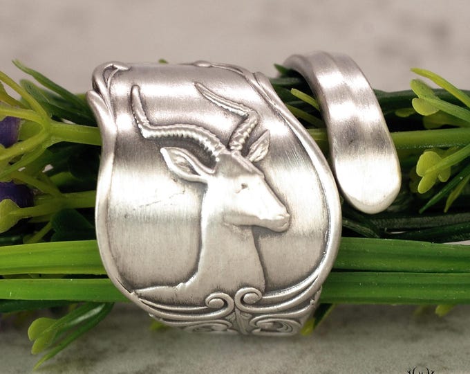 Sterling Wild Antelope Wrap Ring, Silver Spiral Antelope Ring, African Safari Ring, Silver Pronghorn Ring, Silver Nilgai Spoon Ring, 2115
