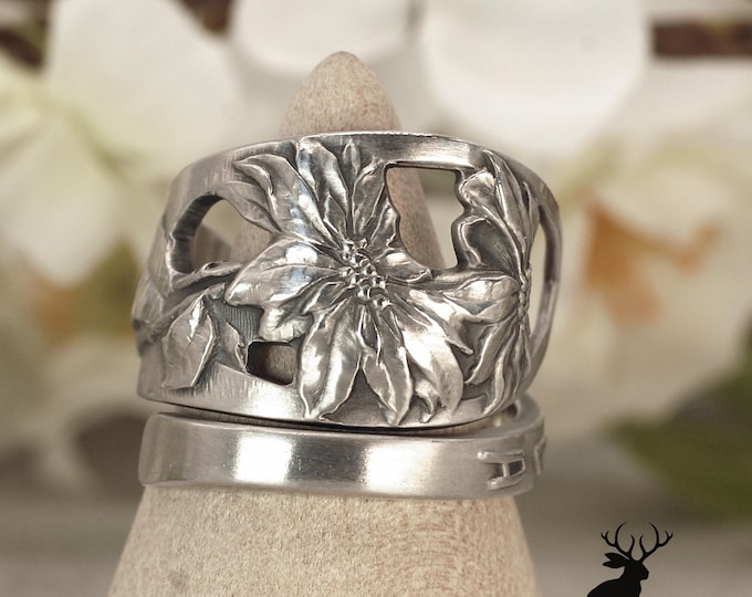 Vintage Poinsettia Ring, Florida Wrap Ring, Beach Souvenir Ring, Florida Vacationers Gift, Vintage Sterling Silver Souvenir Spoon Ring, 2246