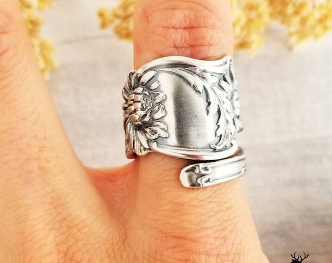 Chrysanthemum Sterling Silver Ring, Antique Flower Spoon Ring, Flower Spoon Ring, Floral Spoon Jewelry, Art Nouveau Sterling Spoon Ring, 801