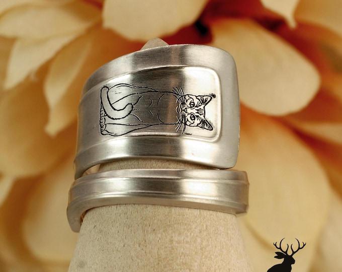 Feline Wrap Ring, Unique Engraved Cat Ring, Elegant Neko Ring, Antique Sterling Silver Victorian Kitty Spoon Ring, Cat Lovers Gift, 5027