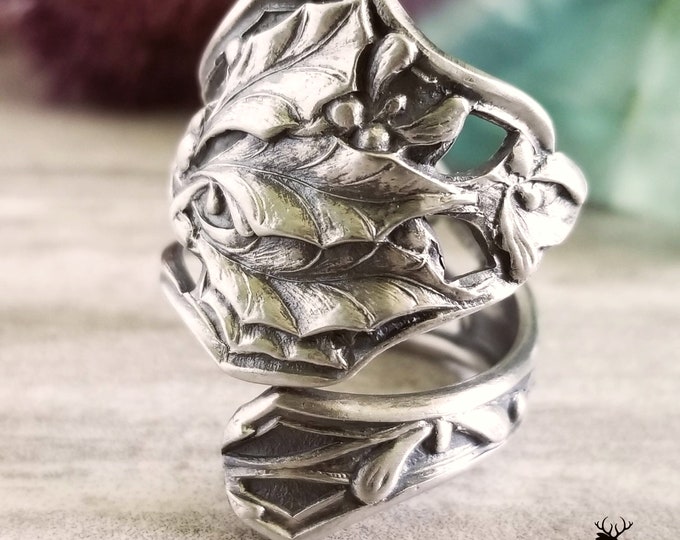 Holly Silver Ring, Mistletoe Spoon Ring, Antique Christmas Silver Ring, Plant Spoon Ring, Art Nouveau Holly Sterling Spoon Ring, 644