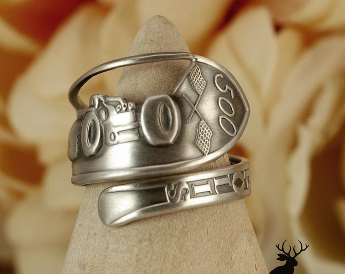 Indianapolis 500 Wrap Ring, Antique Roadster Ring, Car Racing Souvenir Ring, Sterling Spoon Ring, Vintage Sterling Souvenir Ring 2344