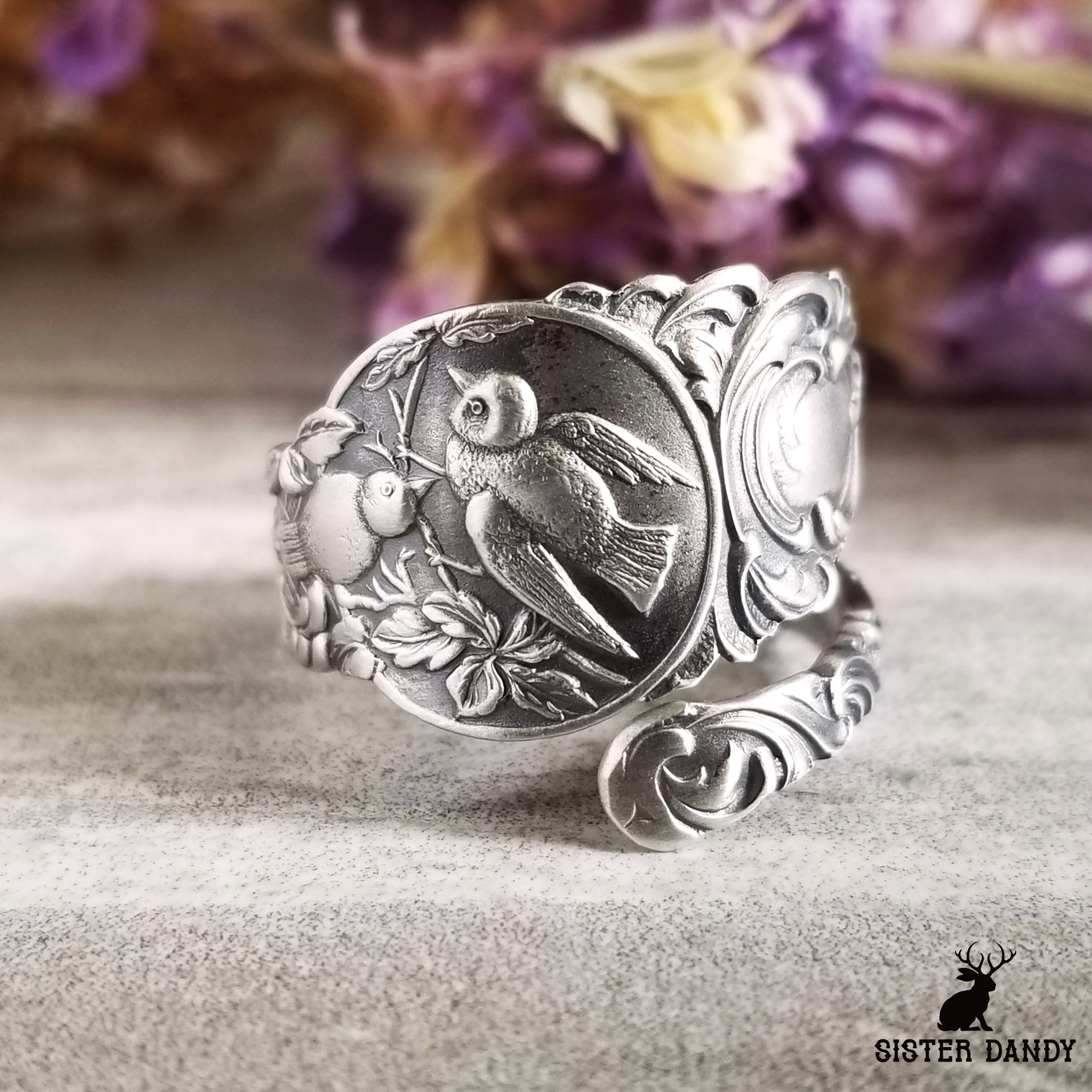 Old Tiffany スプーン リング 鳥と花々 Old Tiffany スプーン リング 鳥と花々