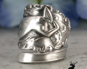 Phoebe Sterling Spoon Ring, Watson Newell Art Nouveau Draped Woman Wrap Ring, Antique Silver Goddess Jewelry, 2479
