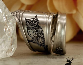 Sterling Silver Owl Wrap Ring, Unique Engraved Great Horned Owl Ring, Elegant Avian Ring, Silver Victorian Night Bird Spoon Ring, 5028