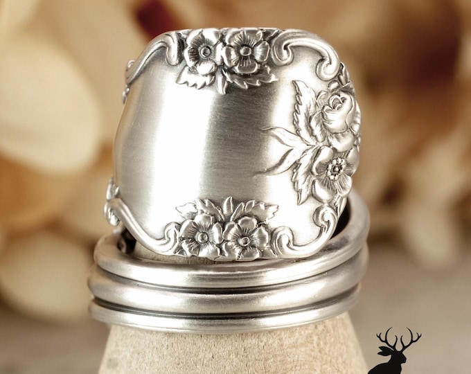 Wild Rose Sterling Silver Bloom Ring, Wide Silver Rose Spiral Ring, Elegant Floral Sterling Wrap Ring, Antique Floral Spoon Ring, 1273B