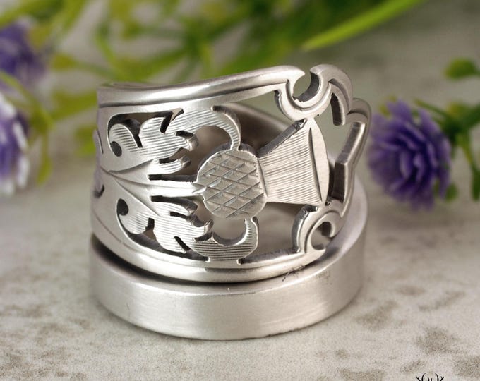Sterling Thistle Wrap Ring, Highland Blooom Ring, Silver Guardian Flower Ring, Royal Thistle Spiral Ring, Scottish Sterling Spoon Ring, 2247