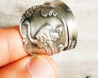 Sterling Ostrich Wrap Ring, Antique Bird Ring, Vintage Ratite Ring, Vintage Art Nouveau Earth Dancer Ring, Silver Ostrich Spoon Ring, 930