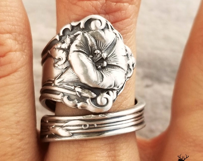 Handmade Morning Glory Sterling Ring, Spiral Spoon Ring, Floral Spoon Ring, Vintage Spoon Jewelry, Flower Sterling Silver Spoon Ring, 117A
