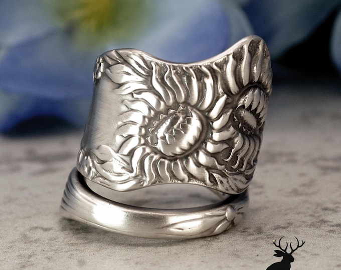 Sunflower Sterling Spoon Ring, Hamilton and Diesinger Art Nouveau Wrap Ring, Antique Silver Flower Jewelry, 2512