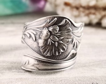Art Nouveau Floral Poppy Sterling Ring, Poppies Wildflower Vintage Spoon Ring, Vintage Flower Ring, Sterling Silver Flower Spoon Ring, 934
