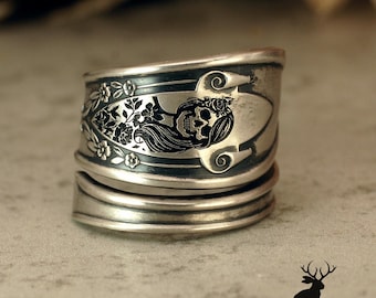La Calavera Catrina Ring, Sterling Engraved Dapper Skull Ring, Día de Muertos Ring, Day of the Dead Ring, Sterling Silver Spoon Ring, 5021