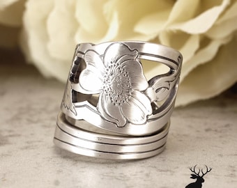 Art Nouveau Wallace Ring, Vintage Wild Rose Wrap Ring, Sterling Rosa Canina Bloom Ring, Sterling Silver Antique Floral Spoon Ring, 2426