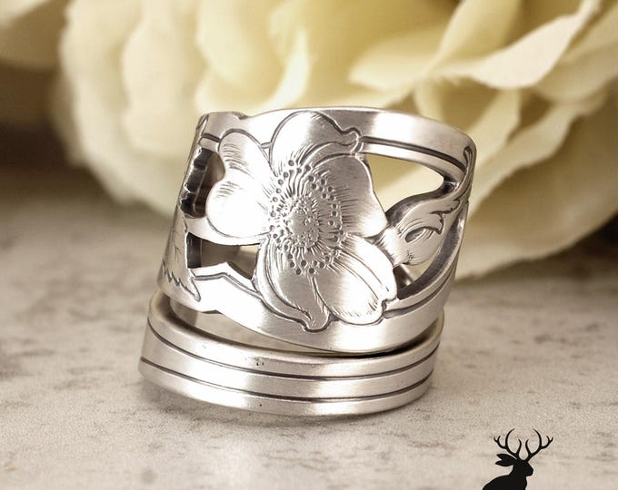Art Nouveau Wallace Ring, Vintage Wild Rose Wrap Ring, Sterling Rosa Canina Bloom Ring, Sterling Silver Antique Floral Spoon Ring, 2426