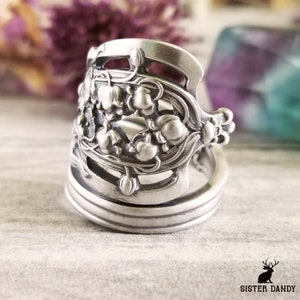 Lily of the Valley Sterling Ring, Vintage Floral Wrap Ring, Spring Lily Spiral Ring, Antique Silver Lily Flower Spoon Ring, 928