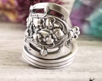 Lily of the Valley Sterling Ring, Vintage Floral Wrap Ring, Spring Lily Spiral Ring, Antique Silver Lily Flower Spoon Ring, 928