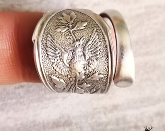 Rare Sterling Bird Wrap Ring, Antique Avian Love Ring, Vintage Spiral Ring, Vintage Bird Band, Art Nouveau Sterling Silver Spoon Ring, 1416