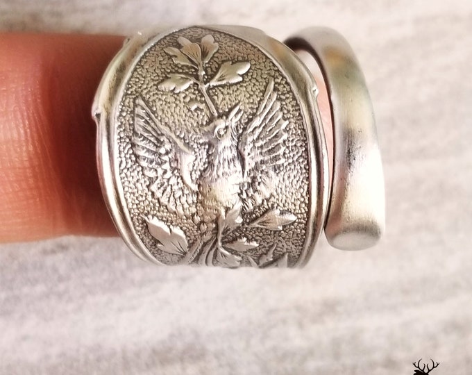 Rare Sterling Bird Wrap Ring, Antique Avian Love Ring, Vintage Spiral Ring, Vintage Bird Band, Art Nouveau Sterling Silver Spoon Ring, 1416
