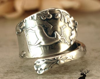 Sterling Stag Ring, Buck Oak & Acorn Ring, Sterling Silver Deer Ring, Bull Elk Silver Ring, Antique Sterling Hart Ring, Hunter Ring, 2255B