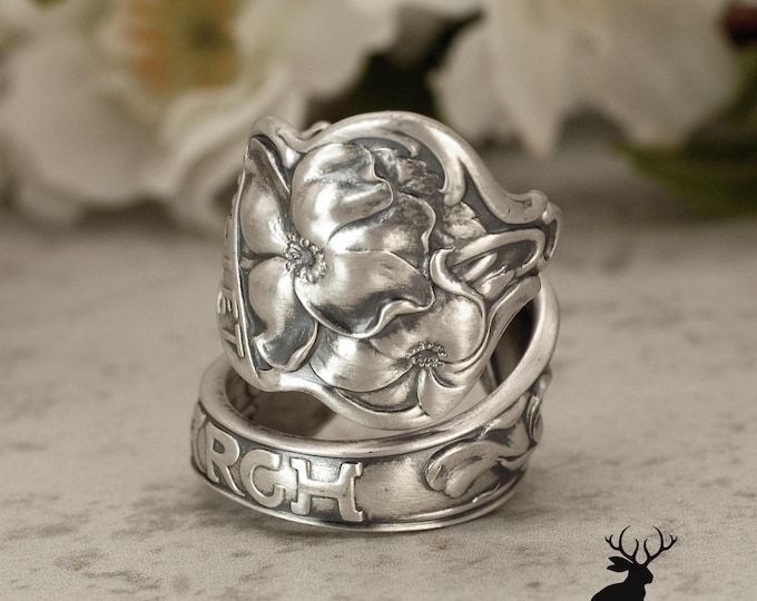 Aries Zodiac Violet Ring, March Astrological Wrap Ring, Vintage Wide Heart's Ease Ring, Antique Sterling Silver Zodiac Spoon Ring, 2308