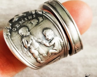 Gemini Zodiac Sterling Silver Twins Ring, Sterling Silver Ring, Zodiac Spoon Ring, Gemini Twins Silver Wrap Ring, Astrological Jewelry, 833