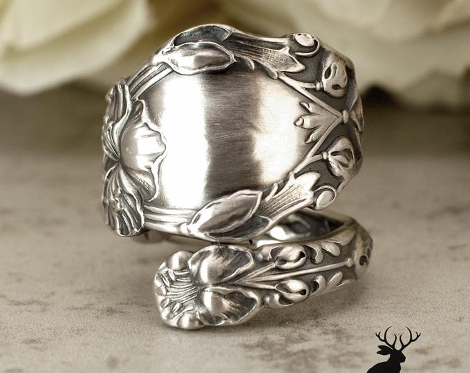 Antique Gorham Poppy Bloom Ring, Sterling Silver Floral Wrap Ring, Wildflower Spiral Ring, Sterling Silver Art Nouveau Spoon Ring, 719B