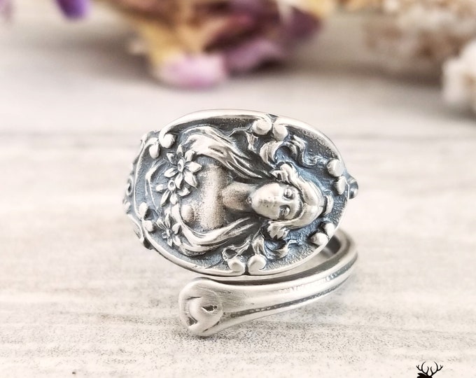 Art Nouveau Sterling Cameo Ring, Sterling Victorian Spoon Ring, Spiral Spoon Ring, Vintage Spoon Ring, Vintage Jewelry, Female Ring, 502