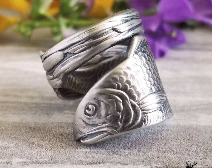 Sterling Fish Wrap Ring, Unique Angler Ring, Sterling Pisces Ring, Vintage Fish Ring, Vintage Jewelry, Sterling Silver Spoon Ring, 1192