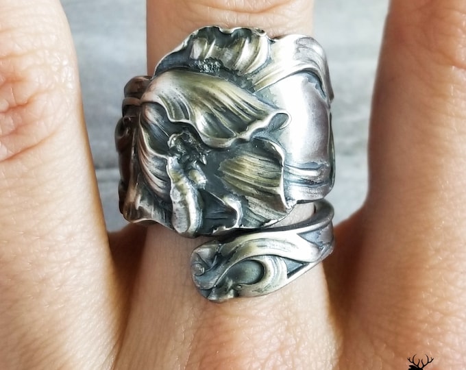 Sterling Tulip Ring, Elegant Tulip Bloom Ring, Sterling Silver Flower Wrap Ring, Art Nouveau Wrap Ring, Unique Spring Flower Spoon Ring, 153