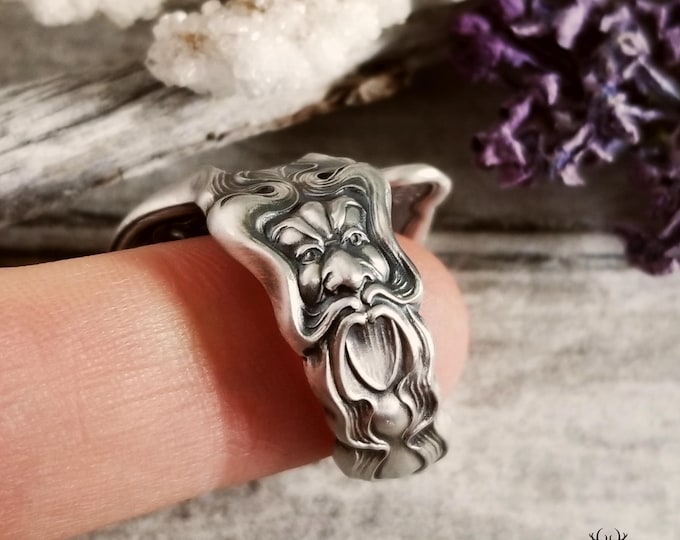 Vintage Green Man Ring, Rare Unger Douvaine Sterling Ring, Handmade Forest Spirit Ring, Vintage Sterling Silver Kodama Jewelry, 194C