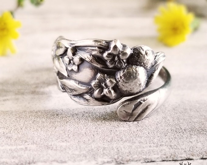 Dainty Citrus Wrap Ring, .925 Sterling Orange Spiral Ring, Sterling Silver Art Nouveau Floral Nature Ring, Fruit Orchard Spoon Ring, 1372B