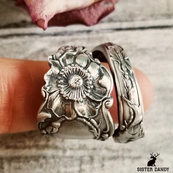 Bague unique en forme de rose sauvage, bague ancienne en argent