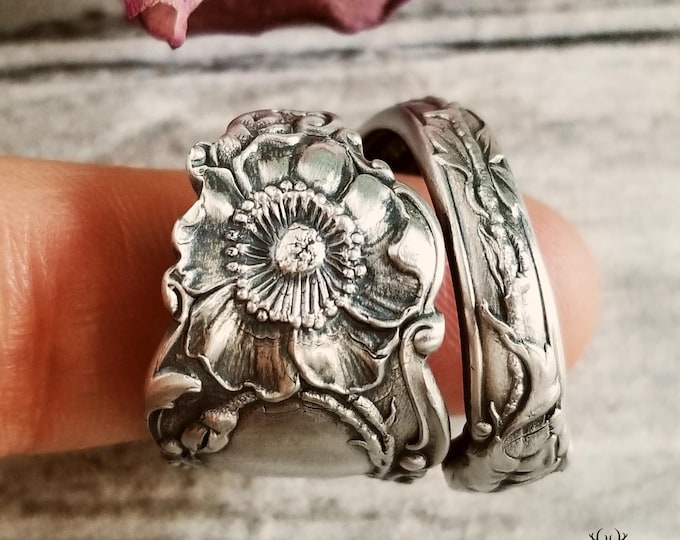 Unique Wild Rose Wrap Ring, Antique Sterling Silver Rosa Canina Ring, Sterling Rosa Floral Spoon Ring, Vintage Silver Flower Ring, 2126