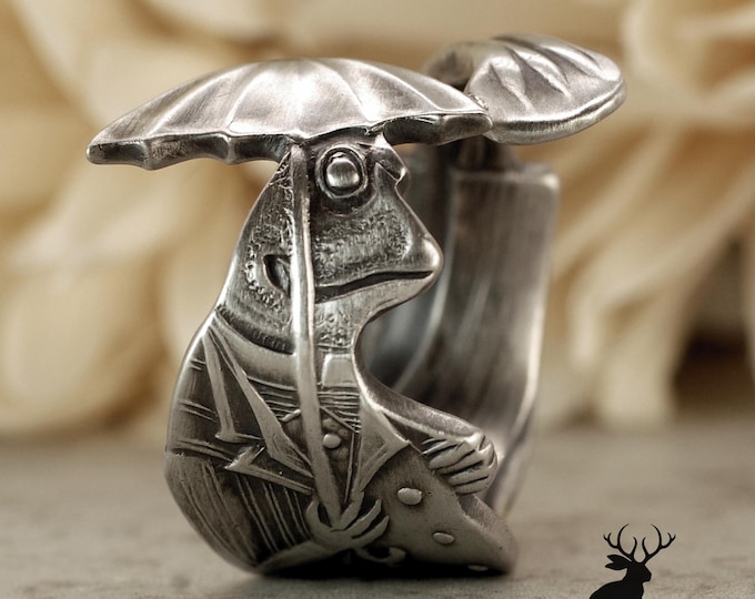Frog Antique 925 Sterling Spoon Ring, Gift for Frog Lover or Herpetologist, Whimsical Animal Wrap Ring, 2300