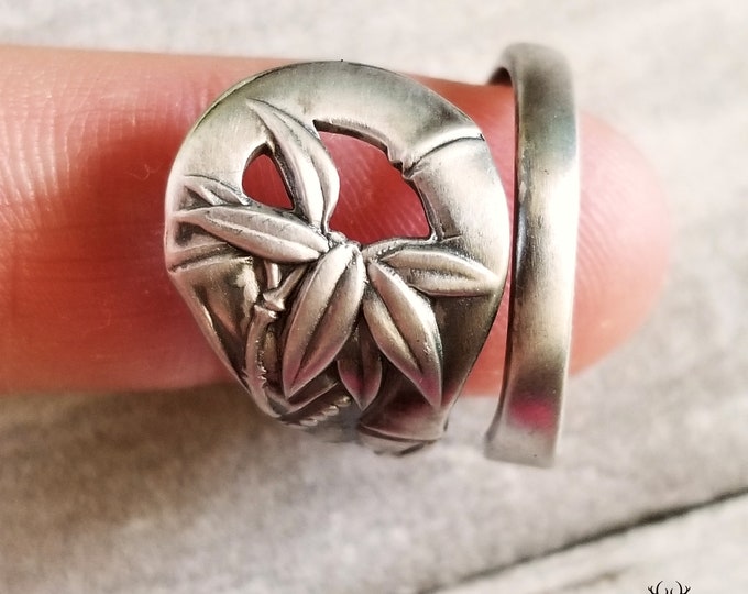Sterling Bamboo Wrap Ring, Tropical Bamboo Ring, Vintage Silver Prosperity Ring, Japanese Silver Ring, Elegant Plant Spoon Ring, 814