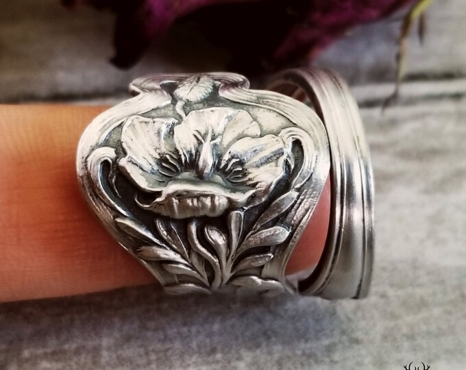 Paye & Baker Poppy Ring, Sterling Silver Wildflower Ring, Vintage Flower Spiral Ring, Floral Wrap Ring, Sterling Silver Spoon Ring, 931