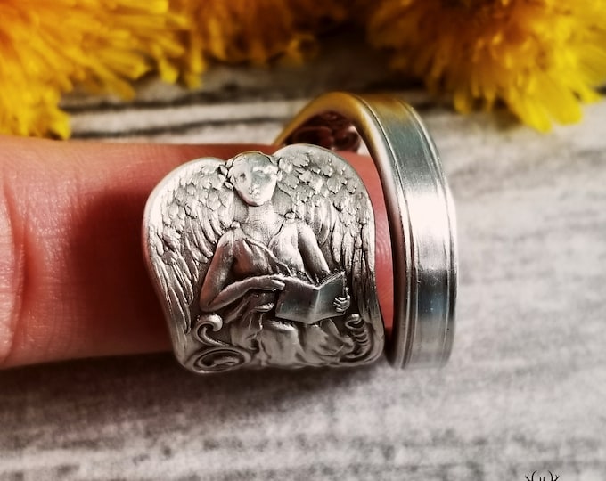 Angelic Sterling Wrap Ring, Vintage Goddess Ring, Guardian Angel Spoon Ring, Vintage Spoon Jewelry, Sterling Silver Spoon Ring, 1771