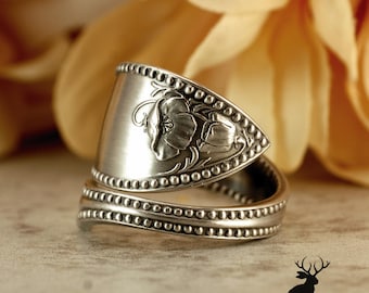 Poppy Bloom Wrap Ring, Floral Poppy Sterling Ring, Vintage WildFlower Ring, Art Nouveau Sterling Silver Spring Blossom Spoon Ring, 2356