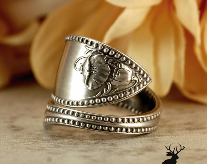 Poppy Bloom Wrap Ring, Floral Poppy Sterling Ring, Vintage WildFlower Ring, Art Nouveau Sterling Silver Spring Blossom Spoon Ring, 2356