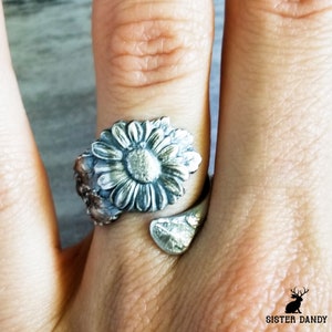 Sunflower Bloom Ring, Summer Flower Wrap Ring, Sterling Sunflower Ring, Vintage Art Nouveau Silver Ring, Vintage Floral Spoon Ring, 256