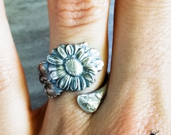 Sunflower Bloom Ring, Summer Flower Wrap Ring, Sterling Sunflower Ring, Vintage Art Nouveau Silver Ring, Vintage Floral Spoon Ring, 256