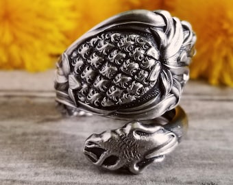 Pineapple Spoon Ring, Pineapple Sterling Silver Ring, Vintage Tropical Fruit Ring, Art Nouveau Sterling Floral Ring, Pineapple Jewelry, 1637