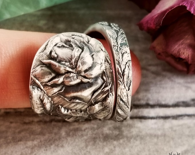 Elegant Rosa Ring, Handmade Rose Ring, Sterling Rose Bloom Ring, Vintage Rose Spoon Ring, Antique Rose Jewelry, Retro Rose Wrap Ring, 1152