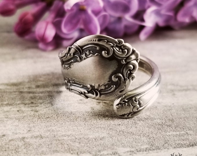 Sterling Rococo Wrap Ring, Victorian Spoon Ring, Vintage Spoon Ring, Antique Spoon Jewelry, Sterling Silver Spoon Ring, Floral Ring, 1191B